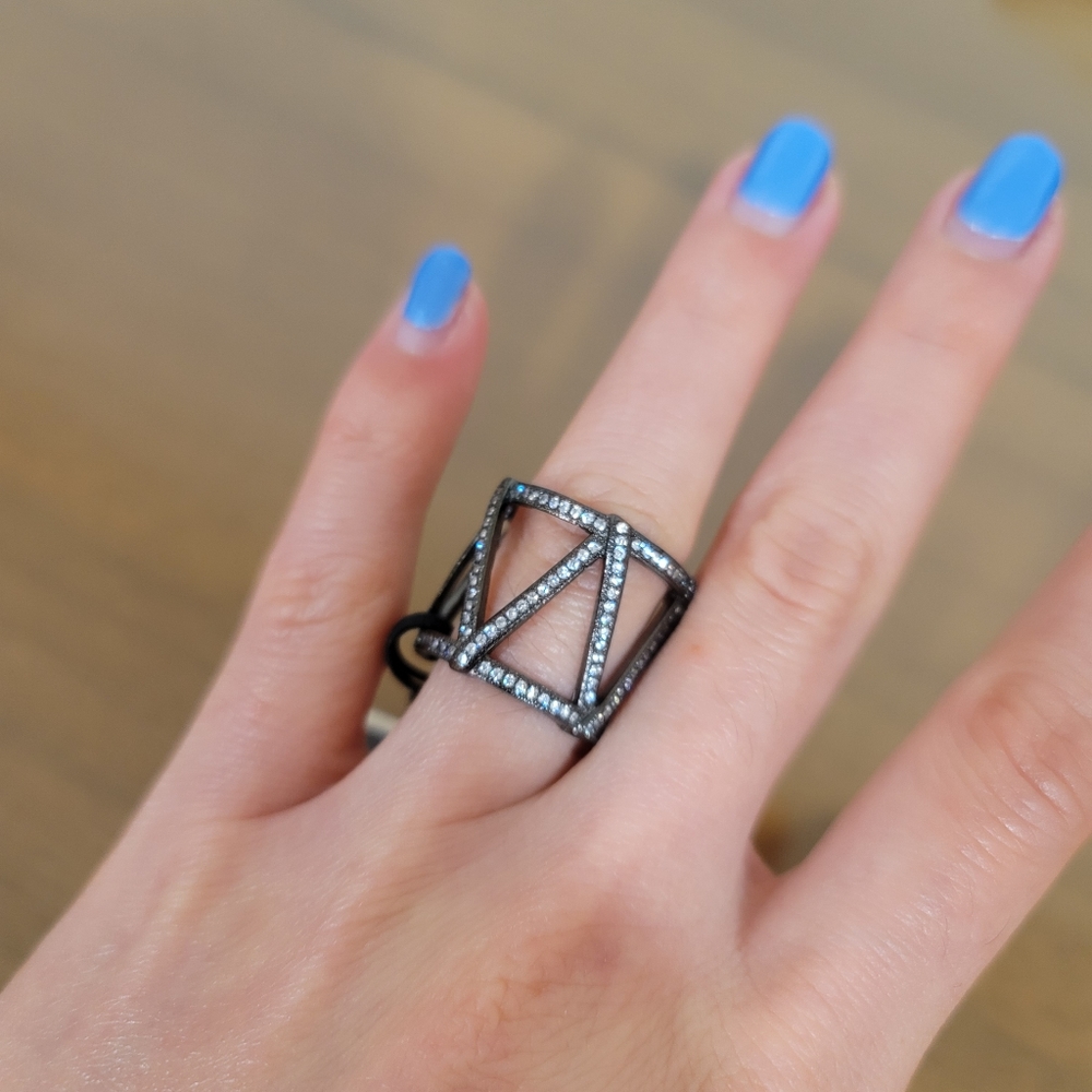 Isabella M Boston Cage Ring Pewter Gunmetal Crystals NEW